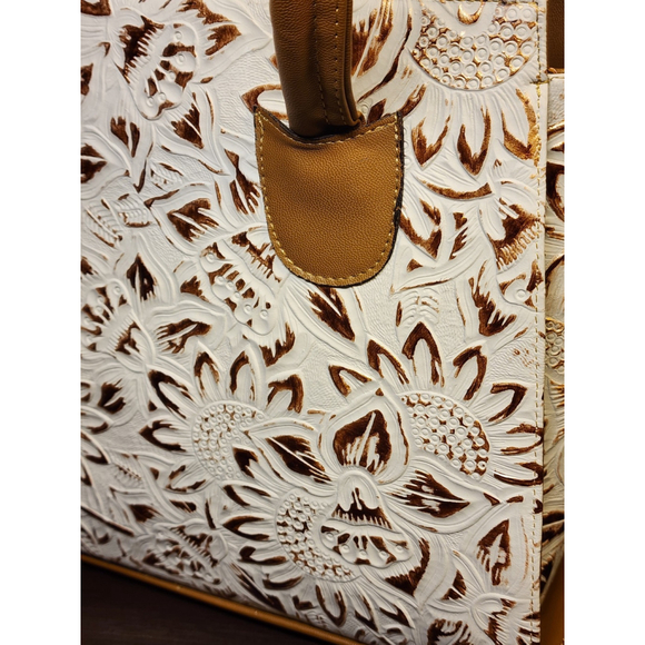 Gold White Sunflower Embossed Tooled Artisan LEATHER Crossbody Handbag Purse - Picture 8 of 15
